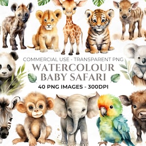 40 Baby Safari Animals Clipart, Watercolour Clipart, Nursery Animals Clipart, Baby Safari PNG Bundle, Safari Clipart, Commercial Use Clipart