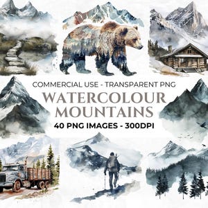 Aquarelle montagnes des cliparts, clipart cabane de montagne, aquarelle d'arbres, forêt PNG, clipart forêt, forêt brumeuse, usage Commercial