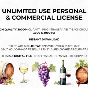 K&ouml;nnte beinhalten: Eine digitale Illustration von Wein-Clipart, einschlie&szlig;lich Trauben, Weinflaschen, Weingl&auml;ser und F&auml;sser. Das Bild ist 3000 x 3000 Pixel gro&szlig; und hat einen transparenten Hintergrund. Der Text "UNLIMITED USE PERSONAL & COMMERCIAL LICENSE" befindet sich oben im Bild.