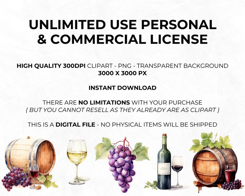 K&ouml;nnte beinhalten: Eine digitale Illustration von Wein-Clipart, einschlie&szlig;lich Trauben, Weinflaschen, Weingl&auml;ser und F&auml;sser. Das Bild ist 3000 x 3000 Pixel gro&szlig; und hat einen transparenten Hintergrund. Der Text "UNLIMITED USE PERSONAL & COMMERCIAL LICENSE" befindet sich oben im Bild.