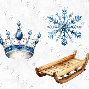 May include: A blue and silver crown, a blue snowflake, and a wooden sled. Watercolor illustration of winter holiday decor.