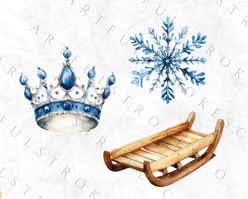 May include: A blue and silver crown, a blue snowflake, and a wooden sled. Watercolor illustration of winter holiday decor.