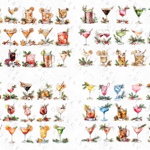 May include: A collection of 48 watercolor illustrations of various cocktails and drinks. The illustrations are in a festive style with holiday-themed elements like holly, berries, and cinnamon sticks.