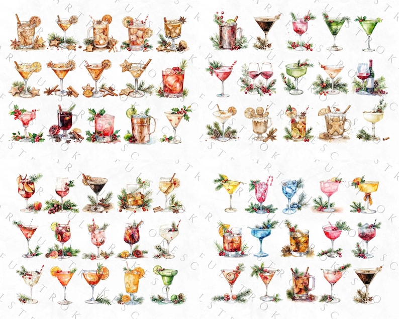 May include: A collection of 48 watercolor illustrations of various cocktails and drinks. The illustrations are in a festive style with holiday-themed elements like holly, berries, and cinnamon sticks.