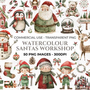 50 Clipart natalizie di Santas Workshop ad acquerello, Natale rustico, elementi per lavoretti natalizi, clipart natalizie, uso commerciale