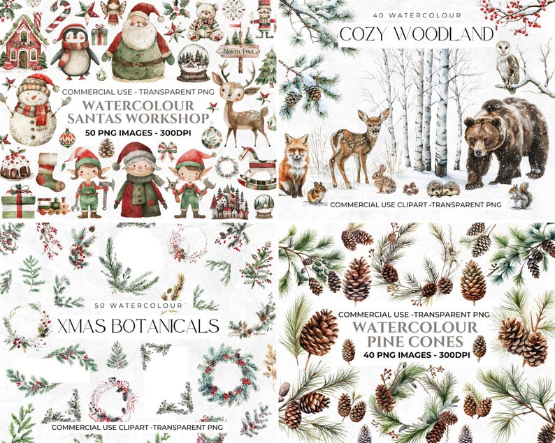 Watercolour Christmas Clipart Bundle, Lifetime Access, High Quality PNG