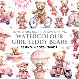 Ursinho de pelúcia rosa clipart, chá de bebê aquarela para menina clipart, ursinho de pelúcia fofo PNG, avião, balão de ar quente, clipart de uso comercial
