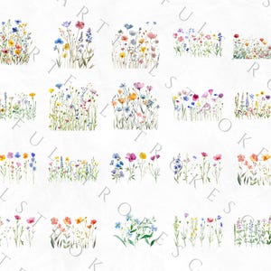May include: A digital illustration of 20 different arrangements of watercolor wildflowers in various shades of pink, purple, blue, yellow, and orange. The flowers are arranged in a row, with each arrangement separated by a white space.