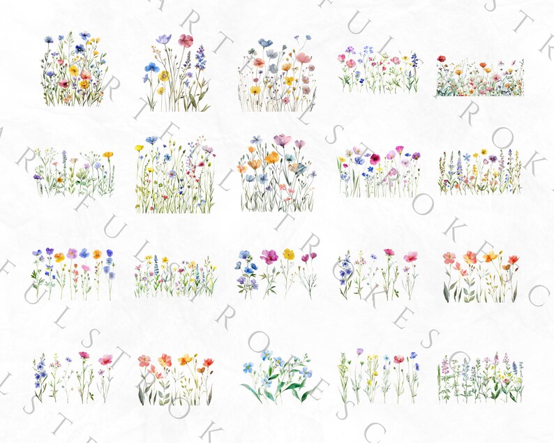 May include: A digital illustration of 20 different arrangements of watercolor wildflowers in various shades of pink, purple, blue, yellow, and orange. The flowers are arranged in a row, with each arrangement separated by a white space.