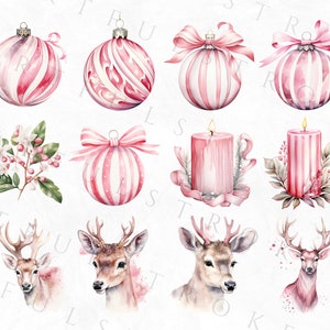 May include: Watercolor illustrations of Christmas ornaments, candles, deer, and floral elements in shades of pink and white. The ornaments feature stripes, bows, and decorative details. The candles are pink with ribbons and greenery. The deer have antlers and a watercolor effect.