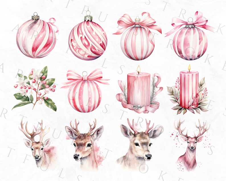 May include: Watercolor illustrations of Christmas ornaments, candles, deer, and floral elements in shades of pink and white. The ornaments feature stripes, bows, and decorative details. The candles are pink with ribbons and greenery. The deer have antlers and a watercolor effect.