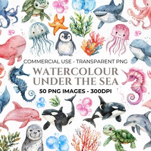 50 aquarel onder de zee clipart, baby zeedieren, oceaandieren, aquarel kwekerij, commerciële clipart