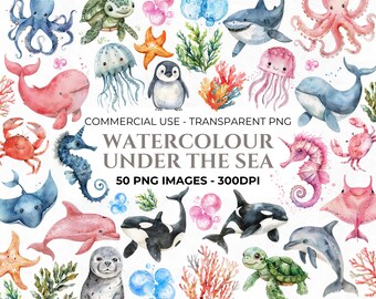 50 Watercolour Under the Sea Clipart, Baby Sea Creatures, Ocean Animals,  Watercolour Nursery, Commercial Clipart