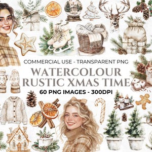 60 aquarel rustieke kerst clipart, kerstboom clipart, Boho Christmas PNG neutrale gezellige kerst clipart, commerciële clipart