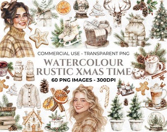 Rustic Christmas Clipart, Christmas Tree Clipart, Boho Christmas PNG Neutral Cozy Watercolour Christmas Clipart, Commercial Clipart