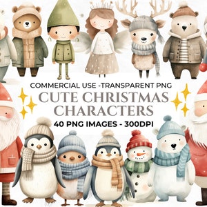 40 personagens fofos de Natal em aquarela, pacote de clipart de Natal, boneco de neve PNG, Papai Noel PNG, Natal neutro, uso comercial