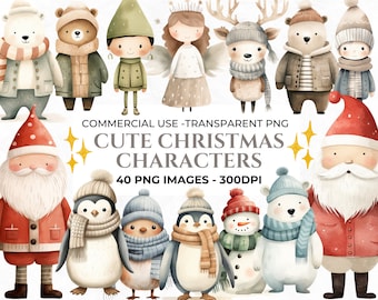 40 Watercolour Cute Christmas Characters, Christmas Clipart Bundle , Snowman PNG, Santa Claus PNG, Neutral Christmas, Commercial Use