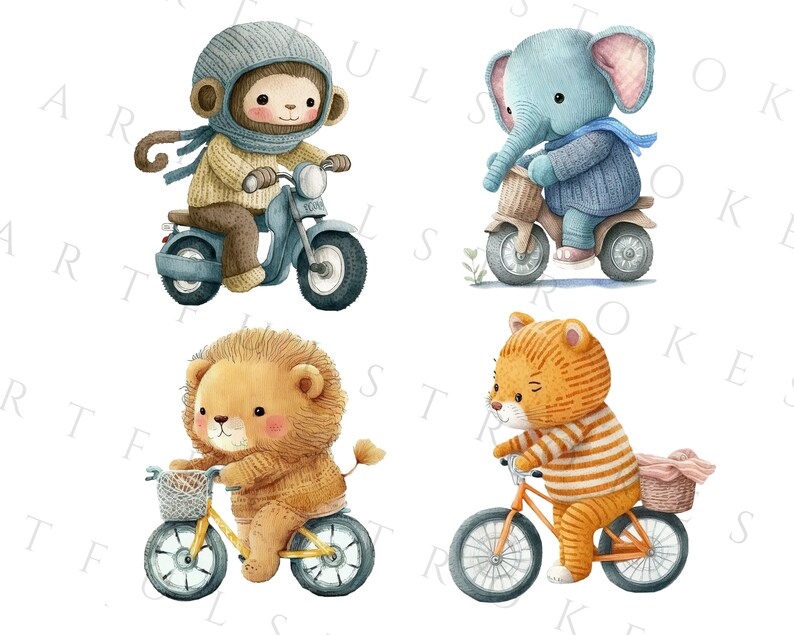 以下が含まれることがあります： 動物が自転車とオートバイに乗っている水彩画のイラストが4つあります。青と白のニット帽をかぶったサルが青いオートバイに乗っています。青いスカーフを巻いた青いゾウが青い自転車に乗っています。茶色のニットセーターを着たライオンが黄色の自転車に乗っています。オレンジと白のストライプのセーターを着たトラが青い自転車に乗っています。