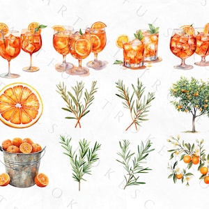 K&ouml;nnte beinhalten: Aquarell-Illustration von Orangenscheiben, Rosmarinzweigen, einem Eimer mit Orangen und Orangenb&auml;umen mit wei&szlig;en Bl&uuml;ten. Au&szlig;erdem sind sechs Gl&auml;ser Orangensaft mit Eisw&uuml;rfeln zu sehen.