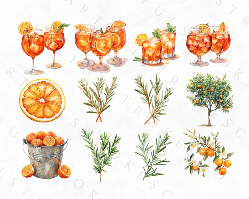 K&ouml;nnte beinhalten: Aquarell-Illustration von Orangenscheiben, Rosmarinzweigen, einem Eimer mit Orangen und Orangenb&auml;umen mit wei&szlig;en Bl&uuml;ten. Au&szlig;erdem sind sechs Gl&auml;ser Orangensaft mit Eisw&uuml;rfeln zu sehen.