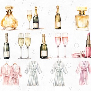 K&ouml;nnte beinhalten: Eine Aquarell-Illustration eines Sets mit Spa- und Beauty-Artikeln, darunter zwei Flaschen Champagner, zwei Gl&auml;ser Champagner, zwei Badem&auml;ntel, zwei Parf&uuml;mflacons, ein Lippenstift und ein Make-up-Pinsel. Die Artikel sind alle in Rosat&ouml;nen, Gold und Wei&szlig; gehalten.
