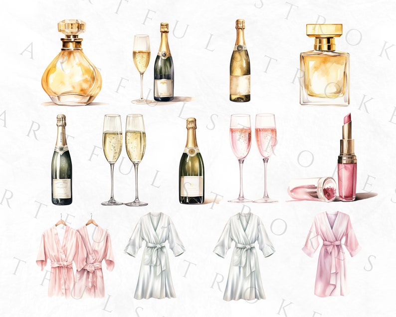 K&ouml;nnte beinhalten: Eine Aquarell-Illustration eines Sets mit Spa- und Beauty-Artikeln, darunter zwei Flaschen Champagner, zwei Gl&auml;ser Champagner, zwei Badem&auml;ntel, zwei Parf&uuml;mflacons, ein Lippenstift und ein Make-up-Pinsel. Die Artikel sind alle in Rosat&ouml;nen, Gold und Wei&szlig; gehalten.
