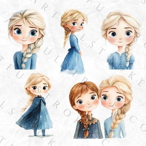 May include: Five watercolor illustrations of cartoon girls with blonde hair, wearing blue dresses and braids. The girls have large eyes and rosy cheeks.