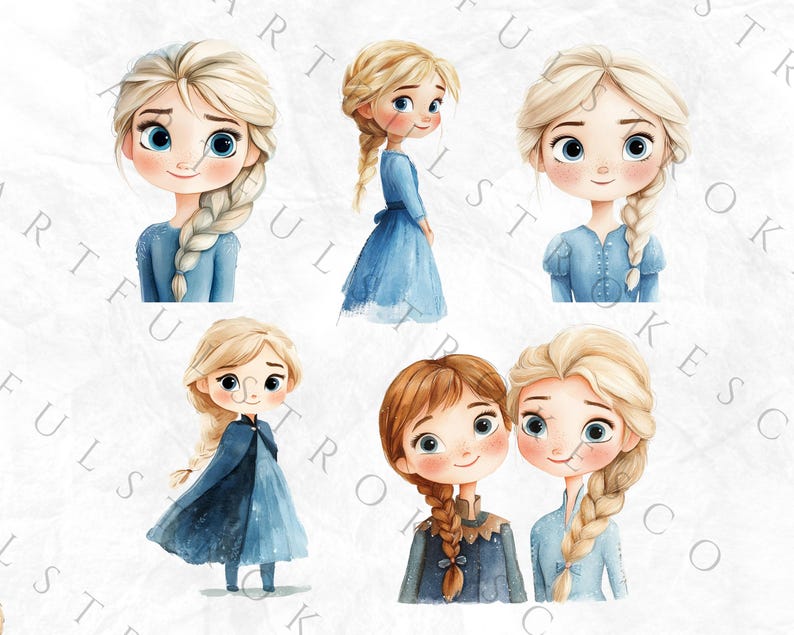 May include: Five watercolor illustrations of cartoon girls with blonde hair, wearing blue dresses and braids. The girls have large eyes and rosy cheeks.
