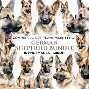 15 Watercolour German Shepherd PNG Clipart, Watercolour Puppy Illustration, German Shepherd Art, Watercolour Dog Bundle, Commercial Use