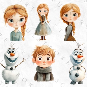 May include: A set of six cartoon illustrations featuring characters from the animated film Frozen. The illustrations include two girls with long blonde hair, a boy with brown hair, and two snowmen. The illustrations are drawn in a watercolor style and have a whimsical and charming aesthetic.