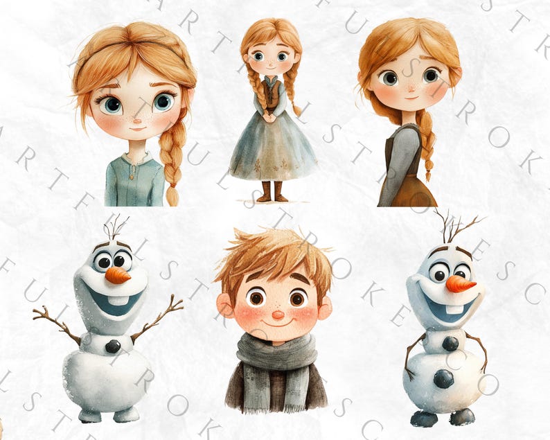 May include: A set of six cartoon illustrations featuring characters from the animated film Frozen. The illustrations include two girls with long blonde hair, a boy with brown hair, and two snowmen. The illustrations are drawn in a watercolor style and have a whimsical and charming aesthetic.