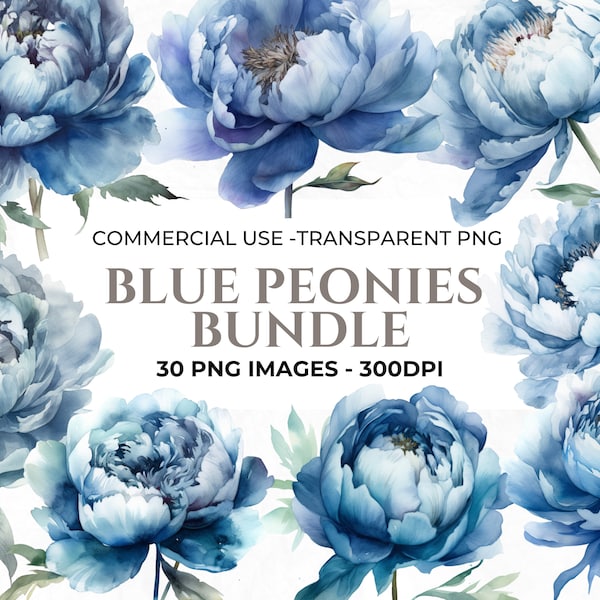 30 Watercolour Peony Clipart, Spring Floral Clipart, Wedding flowers PNG, Blue Peony, Digital Craft, Commercial Use. Instant Download
