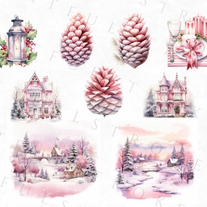May include: Watercolor illustrations of winter scenes and holiday elements. The image features a pink Victorian house, pine cones, a lantern with holly, and a table setting with candles and a bow. Snowy landscapes and a church are also depicted.