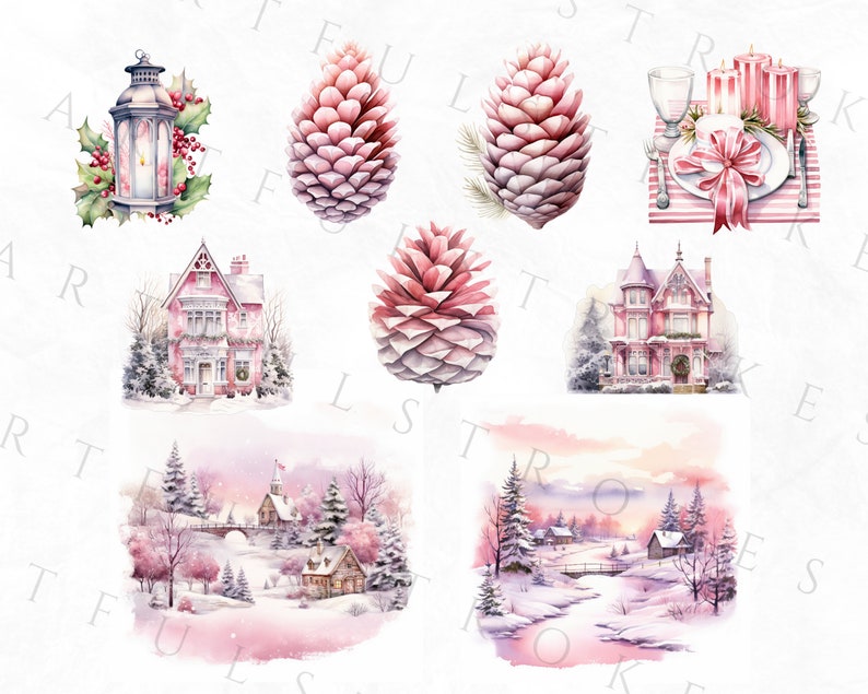 May include: Watercolor illustrations of winter scenes and holiday elements. The image features a pink Victorian house, pine cones, a lantern with holly, and a table setting with candles and a bow. Snowy landscapes and a church are also depicted.