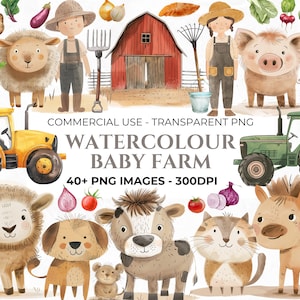 40+ Baby Farm Animals Clipart, Watercolour Clipart, Nursery Clipart, Baby Animals PNG Bundle, Commercial Clipart, Cute Farm Animals Clipart