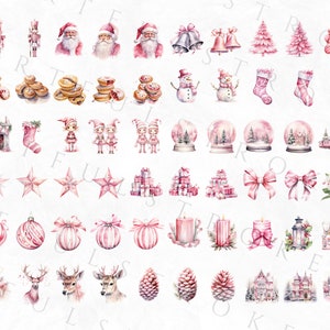 May include: Watercolor illustrations of Christmas-themed objects in shades of pink and white. The image includes Santa Claus, elves, snow globes, ornaments, gifts, bows, and other festive elements. The style is soft and whimsical.