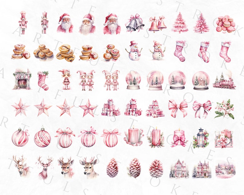May include: Watercolor illustrations of Christmas-themed objects in shades of pink and white. The image includes Santa Claus, elves, snow globes, ornaments, gifts, bows, and other festive elements. The style is soft and whimsical.