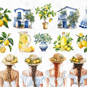 Puede incluir: Cuatro mujeres con trenzas largas que llevan vestidos blancos y sombreros de paja decorados con limones. El fondo presenta ilustraciones de acuarela de limones, limoneros, casas y una jarra de limonada.