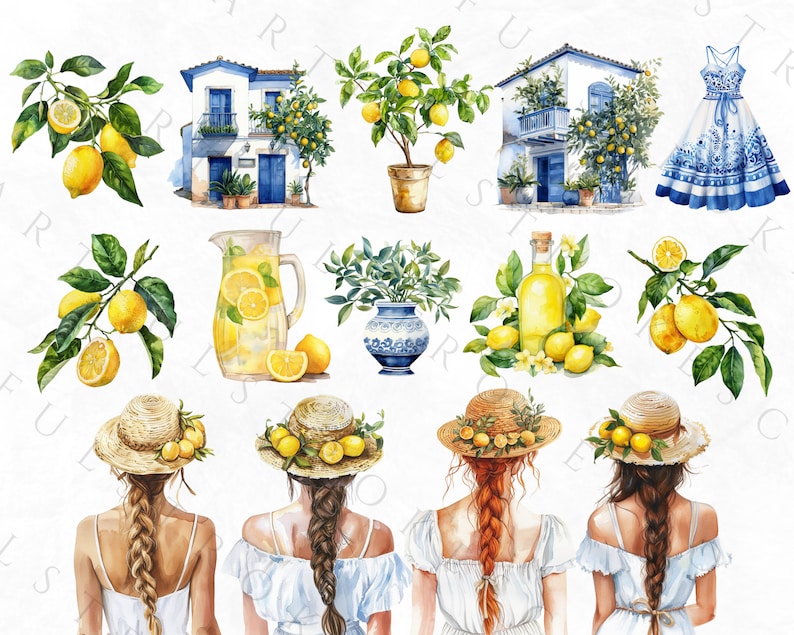 Puede incluir: Cuatro mujeres con trenzas largas que llevan vestidos blancos y sombreros de paja decorados con limones. El fondo presenta ilustraciones de acuarela de limones, limoneros, casas y una jarra de limonada.