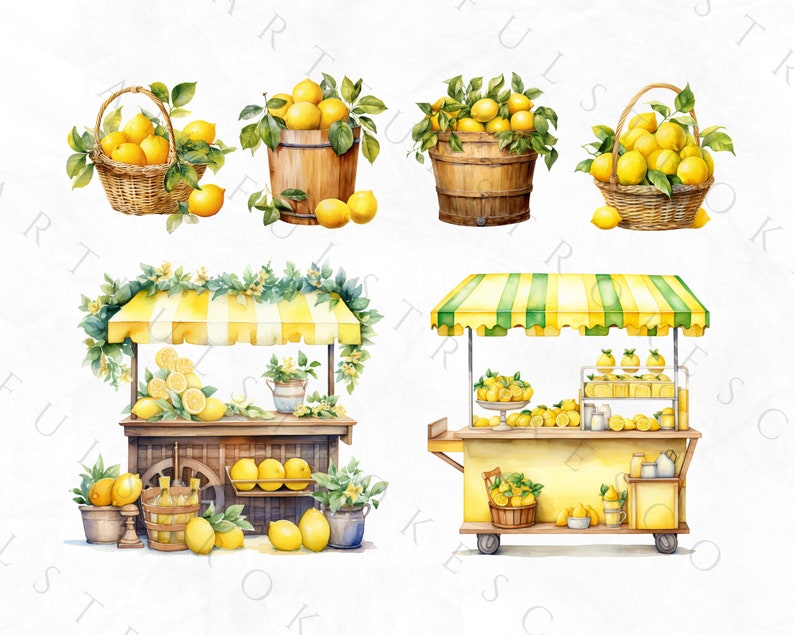Clipart de limón en acuarela, clipart de fruta, paquete PNG de limón picante, corona de limón en acuarela, azulejo mediterráneo, italiano, uso comercial imagen 8