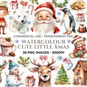 35 aquarel kerst clipart, kerstboom clipart, leuke kerst png-bundel, aquarel kerst, commerciële clipart downloaden