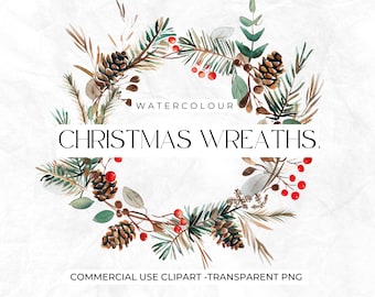 Watercolour Christmas Wreath, Christmas Tree Clipart, Green Christmas PNG Bundle, Christmas Frame, Graphics, Cozy Xmas, Commercial Clipart
