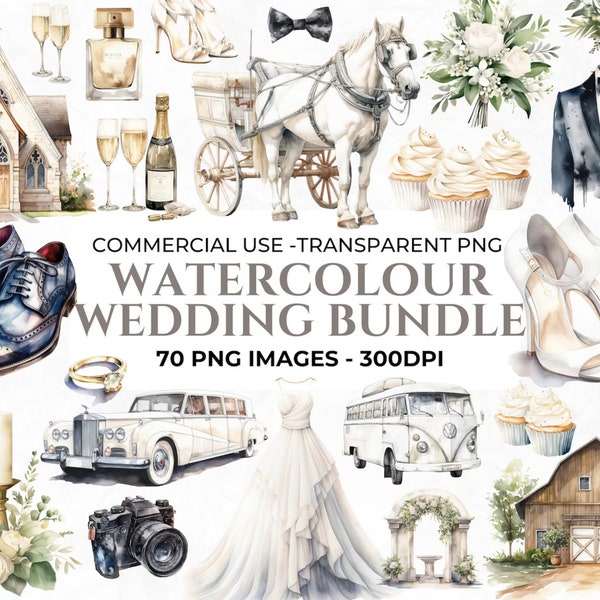 70 Watercolour Wedding Clipart, Wedding Timeline PNG, Wedding Elements Icons, Junk Journal, Digital Craft, Commercial Use Clipart