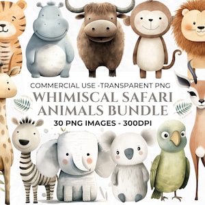 30 animaux de safari mignons, bébés personnages de safari, aquarelle safari PNG, girafe, koala, éléphant, tigre, singe, lion PNG, usage Commercial