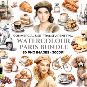 60 Parijs clipart, Valentijnsdag clipart, Frankrijk clipart, aquarel romantische png, croissant, liefde clipart, koffie png, commercieel gebruik