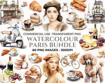 60 Paris Clipart, Valentines Day Clipart, France Clipart, Watercolour Romantic PNG, Croissant, Love Clipart, Coffee PNG, Commercial Use
