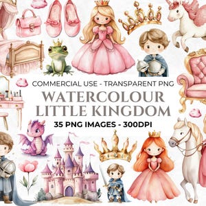 35 aquarel prinses clipart, klein koninkrijk, draak, charmante prins, prinsessenfeestje, eenhoorn, verjaardag, kinderkamer, afbeeldingen voor commercieel gebruik