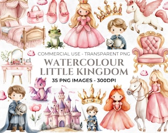 35 Watercolour Princess Clipart, Little kingdom, Dragon, Prince Charming, Princess Party,, Unicorn, Birthday, Nursery, Commercial Use Images