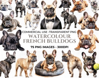 75 水彩フレンチブルドッグ PNG クリップアート、水彩子犬のイラスト、フレンチブルドッグアート、水彩犬バンドル、商用利用、