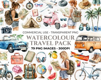 Watercolour Travel Clipart, Destination Clipart, Camping, Hiking, Map, Summer PNG, Beach, World Map, Palm Trees, Campervan, Commercial Use